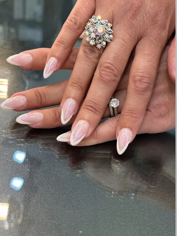 Pearlescent pink almond nails